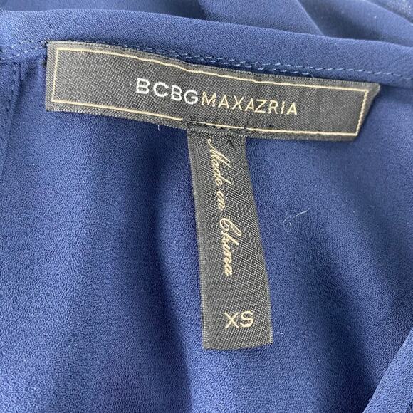 BCBGMAXAZRIA Navy Blue Solid Ruffle Short Sleeve Polyester Blouse Top Size XS - Picture 8 of 10
